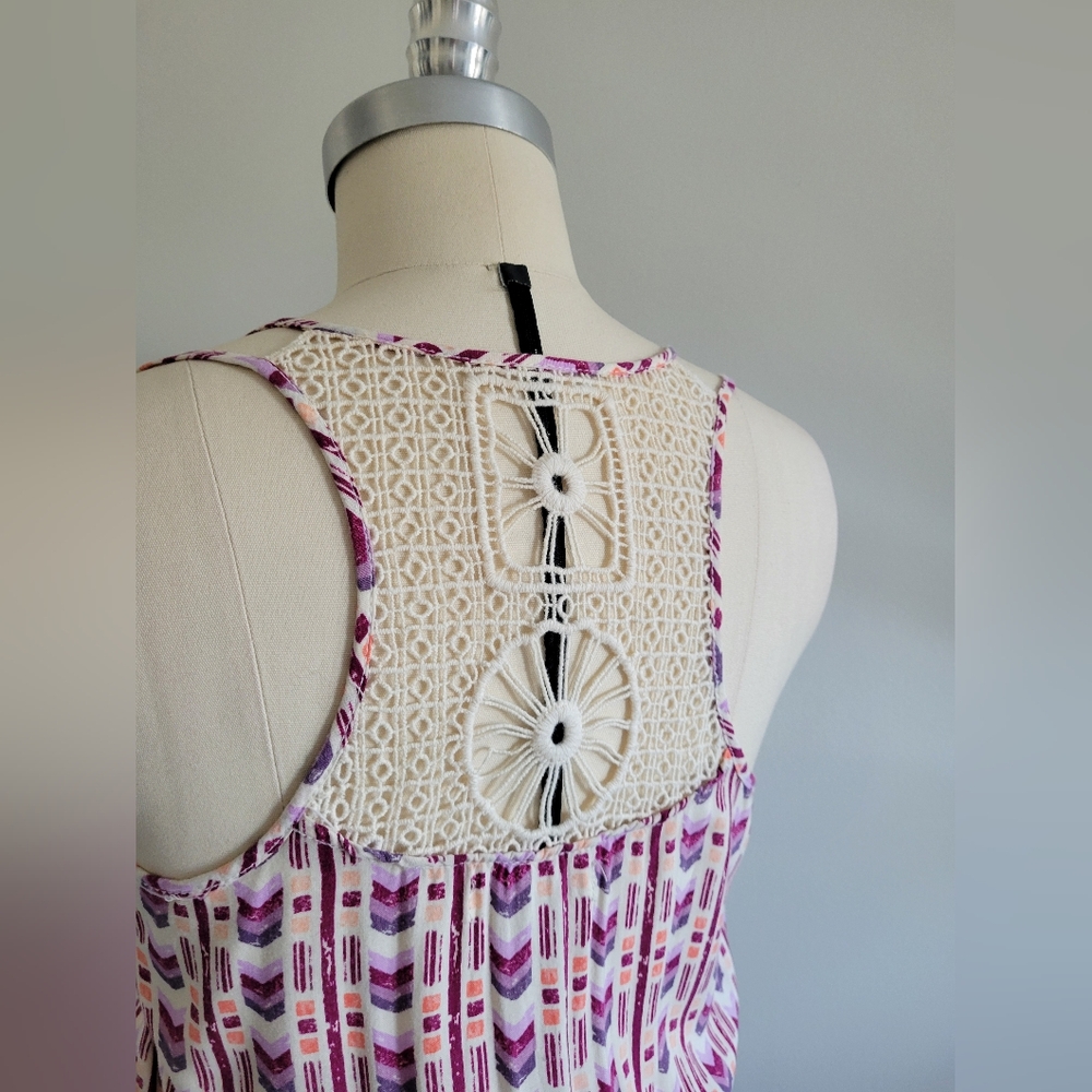 Crochet back dress with white, pink and purple printed fabric